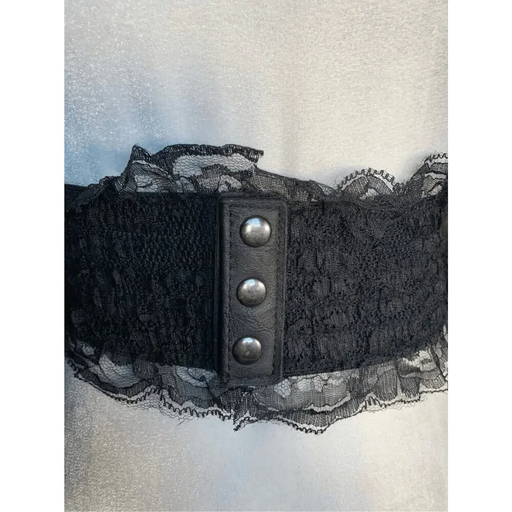 Deadstock Vintage Y2K Black Lace Corset Belt Leather Trim Statement Wide Cincher